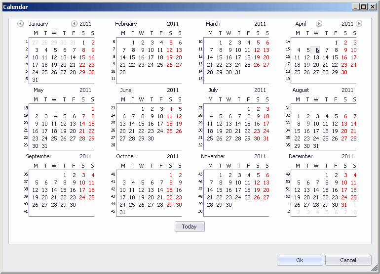 12 month calendar with variable first day of week