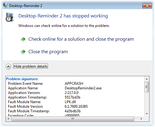 Desktop-Reminder has stopped working