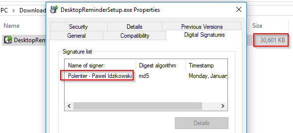 The original file DesktopReminderSetup.exe is signed by Polenter - Pawel Idzikowski and it's size is about 30 MB.