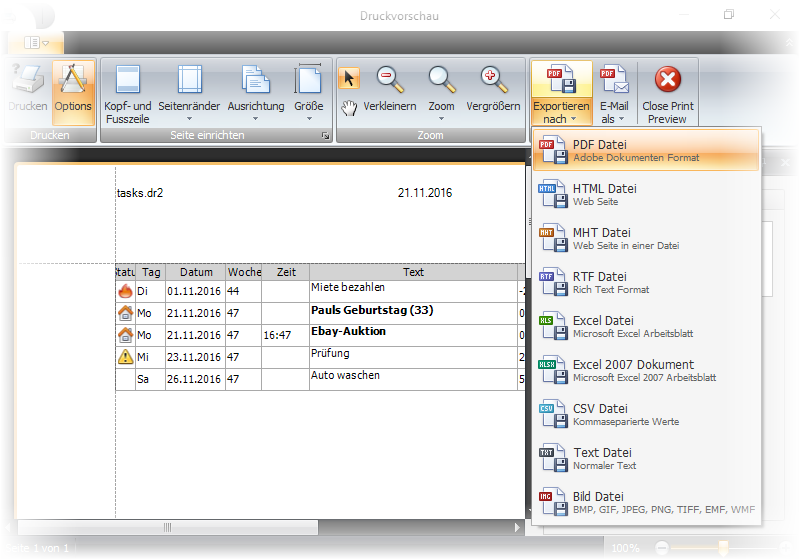 Aufgabenliste drucken und zu PDF, HTML, MHT, RTF, Excel, CSV, BMP, JPEG, PNG, TIFF, EMF sowie WMF exportieren