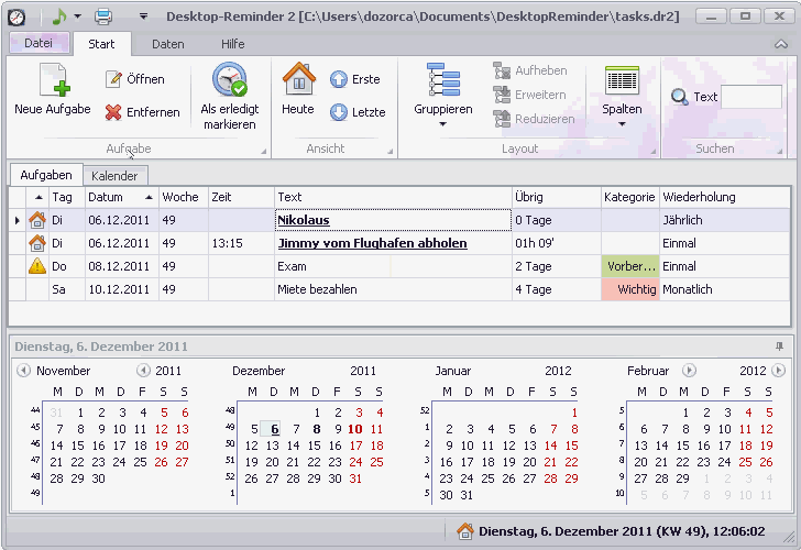 Desktop Reminder, Neue Aufgabe