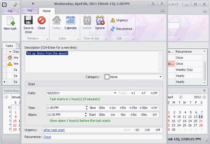 task with defined time of day and alarm reminder